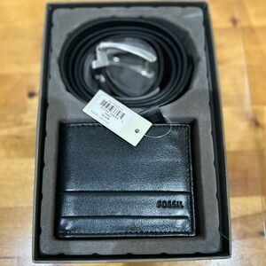 Fossil Men's Black Leather Wallet & Belt Gift Set NWT